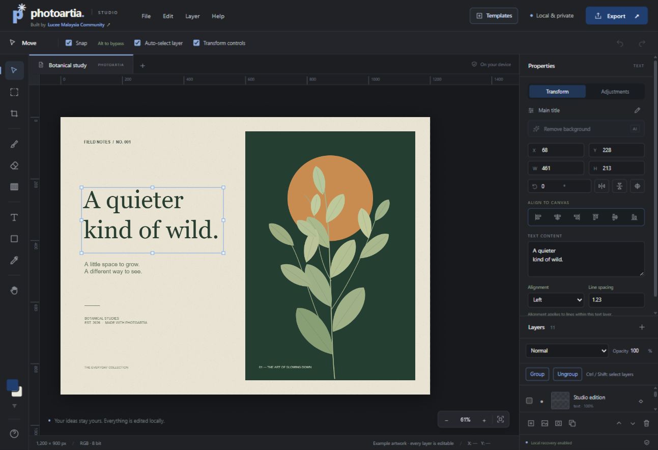 Editor Photoartia sebenar dengan poster botani, tools dan panel layers yang boleh disunting
